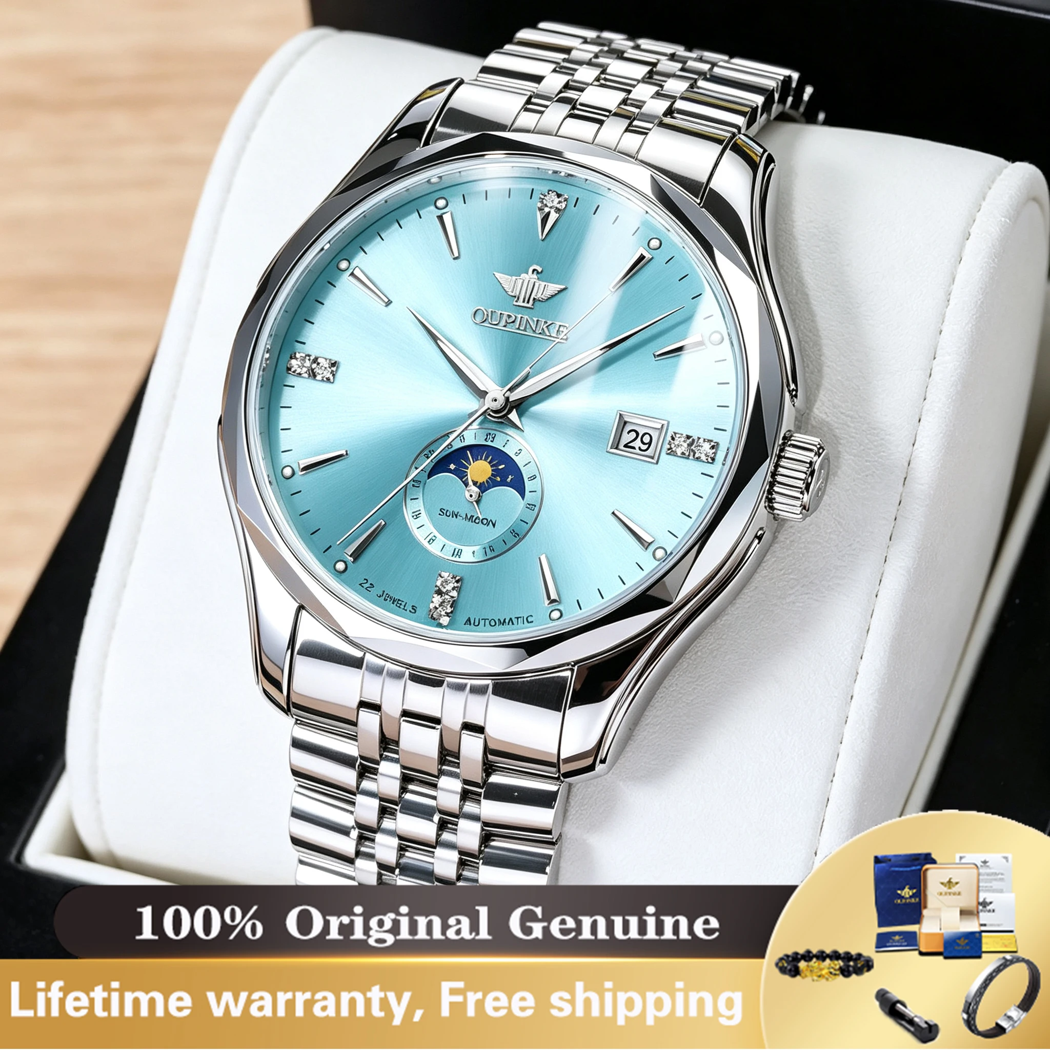 OUPINKE 41MM Luxury Business Mens Watch Mechanical Watch 50M Waterproof Watch Moon Phase Date Watch Exquisite Gift Box Clearance