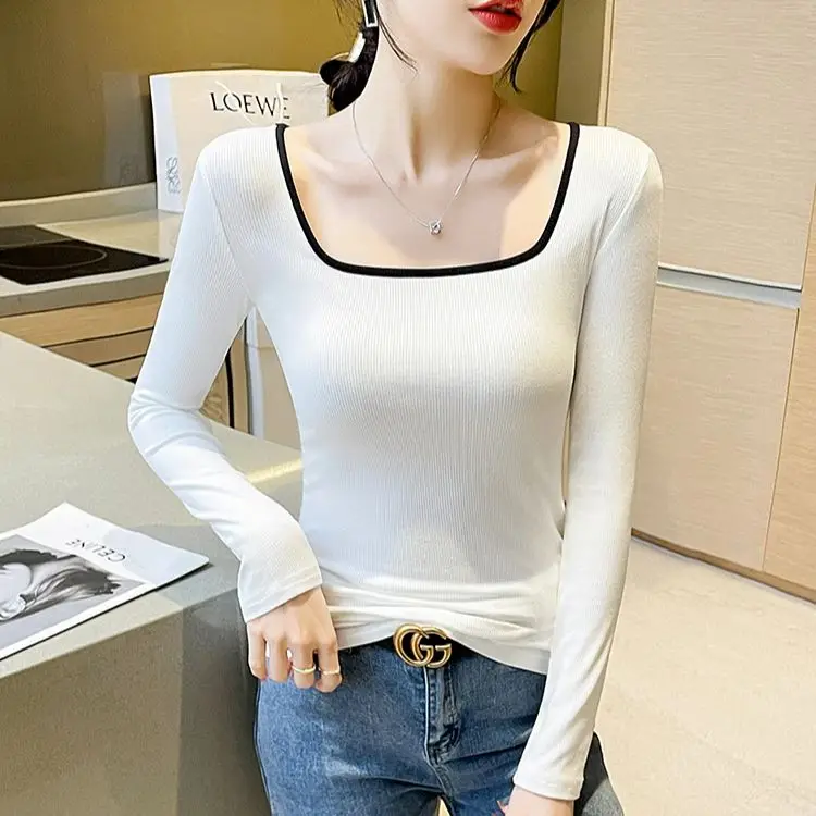 Threaded Square Neck Long Sleeve T-shirt Women Inner Outer Wear Fleece Warm Slim Bottom Shirt Winter Slim Tops