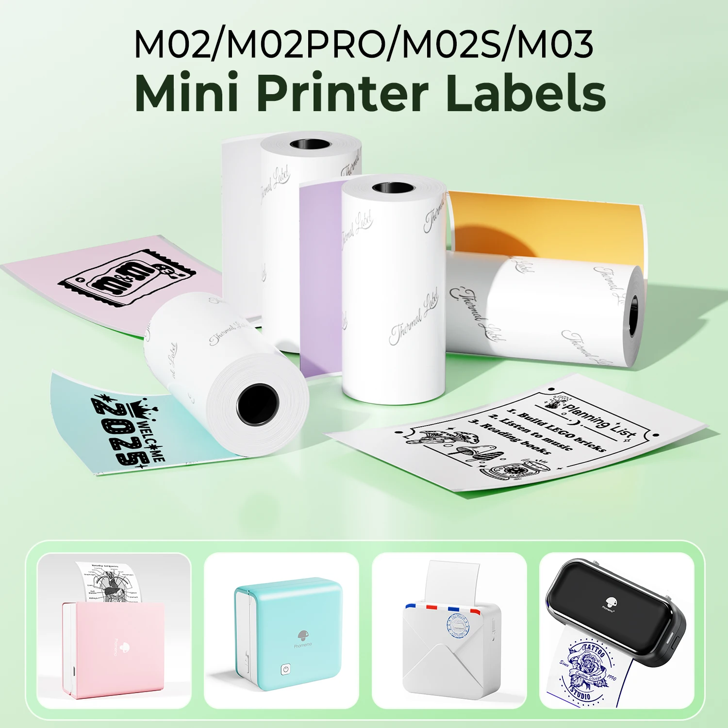 3 Rolls Phomemo M02/M02pro/M02S/M03 Thermal Sticker Paper Colorful Label Sticker 50/53mm Self-Adhesive Label Rolls for DIY Gift