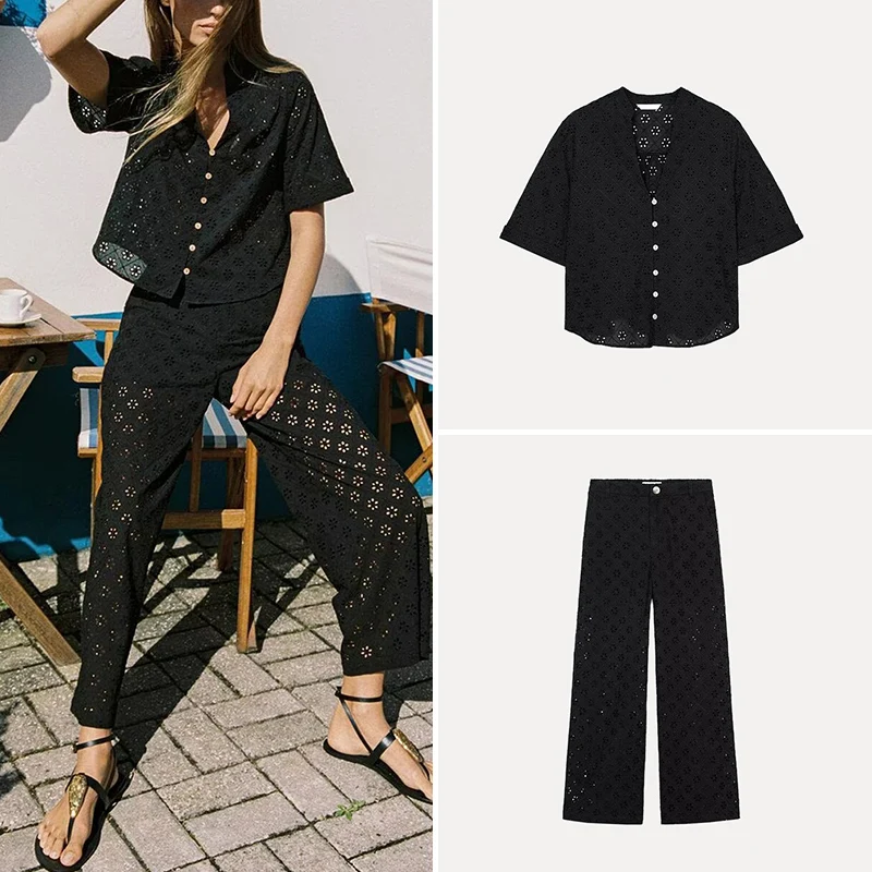 

Spring 2025 Women's Sle Embroidered Hollow ort Sve Casual Pants Polyester Fiber Faion Set Z Brand