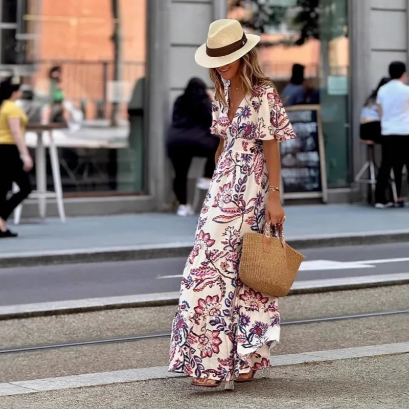 Sukienka plisowana na imprezę w stylu boho na rok 2025, elegancka sukienka z dekoltem w serek, podkreślająca talię, długa sukienka wakacyjna damska, codzienna sukienka plażowa z krótkim rękawem i falbanami.