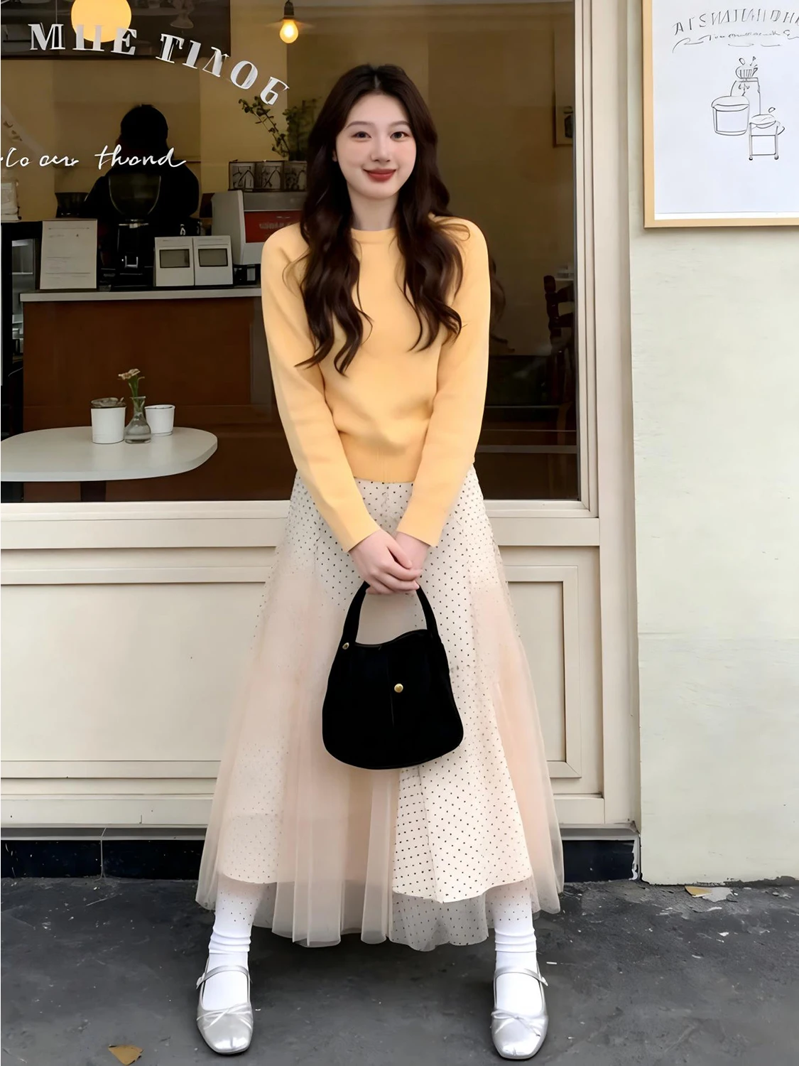 

Корейский нежный вязаный свитер и юбка макси в горошек с высокой талией, комплект из двух предметов, осенне-зимняя новинка, дизайнерская сенсация