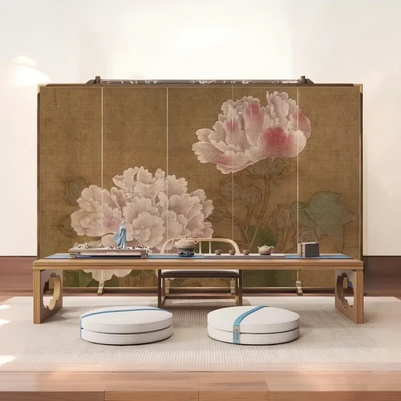 Chinese vintage peony screen entryway decoration living room entrance door cover, movable folding feature wall, solid wood foldi