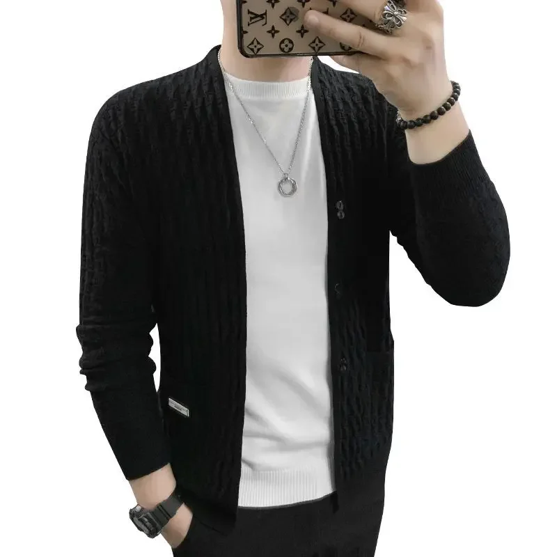 Suéter de cardigan de peito único masculino, malha gola V, tops casuais, casacos bonito, primavera, outono, novo, 2023