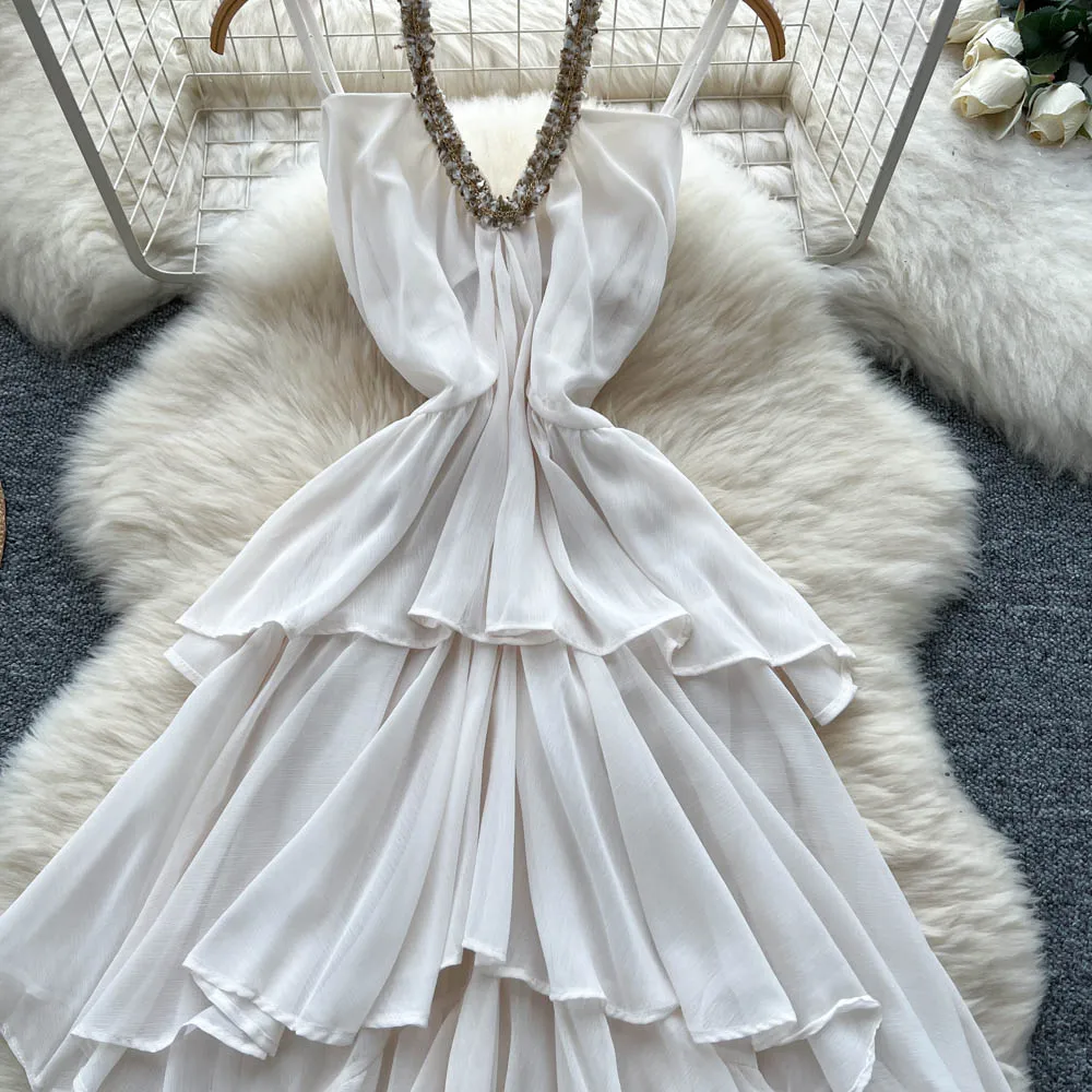 Chique vintage sem mangas em camadas sólido fino elegante fada coreano moda boho vestido de verão roupas femininas