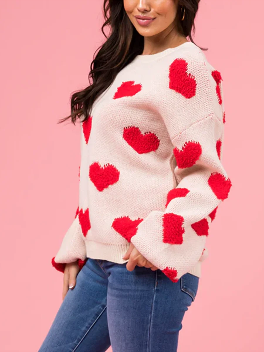 Women s Cozy Heart Print Sweater with Relaxed Fit Crew Neck Drop Shoulder and Long Sleeves - Perfect for Casual Street Style