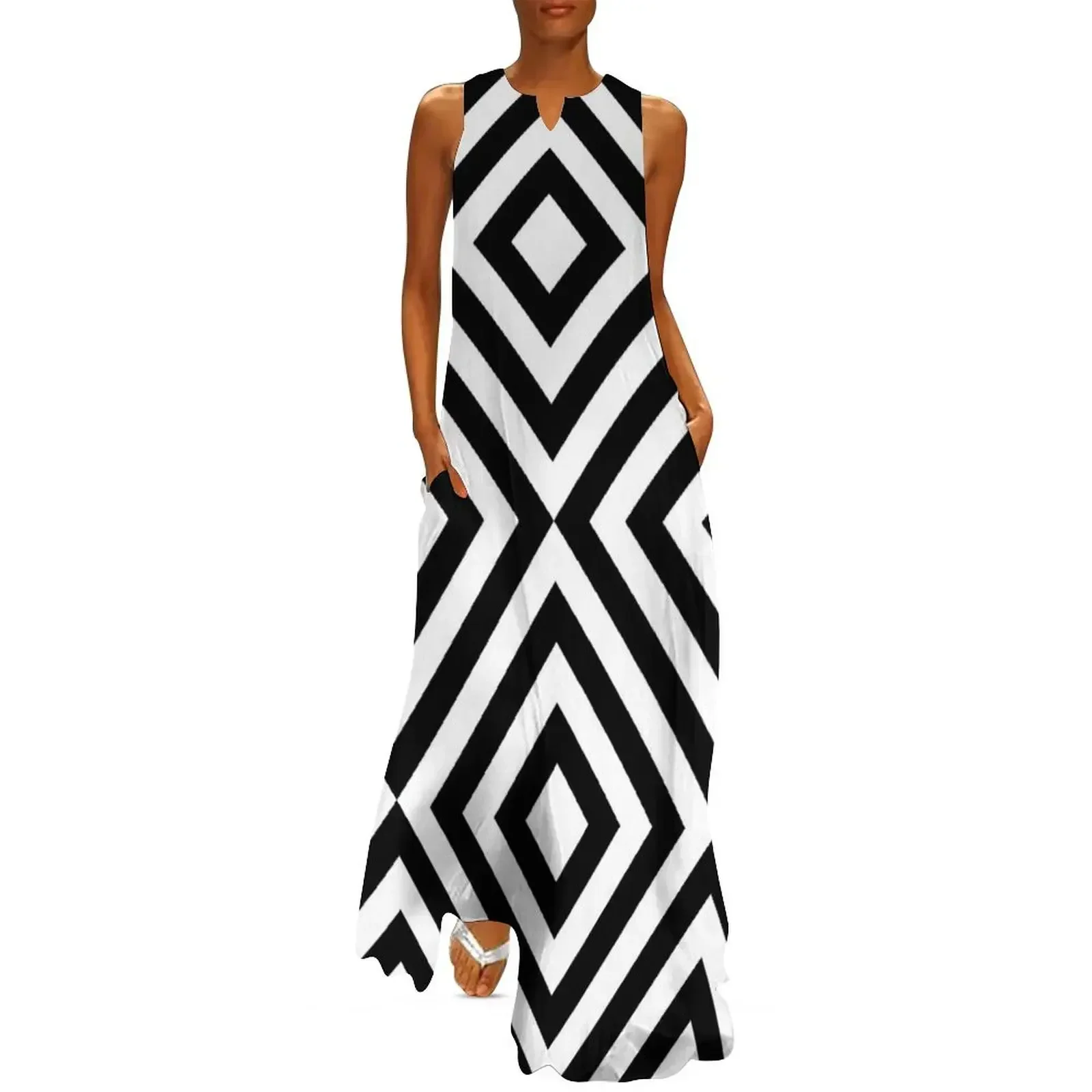 

Geometric Black and White Line Pattern Long Dress Dress for pregnant women Female dress Women's long