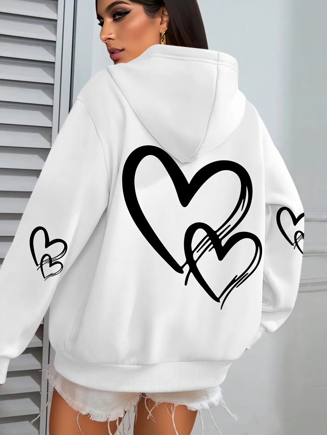 Damen-Kapuzenpullover mit Herzmuster, lässiger Langarm-Pullover mit Taschen, schlichtes Design, Streetwear-Style-Oberteil, im Sonderangebot. – Detail 11