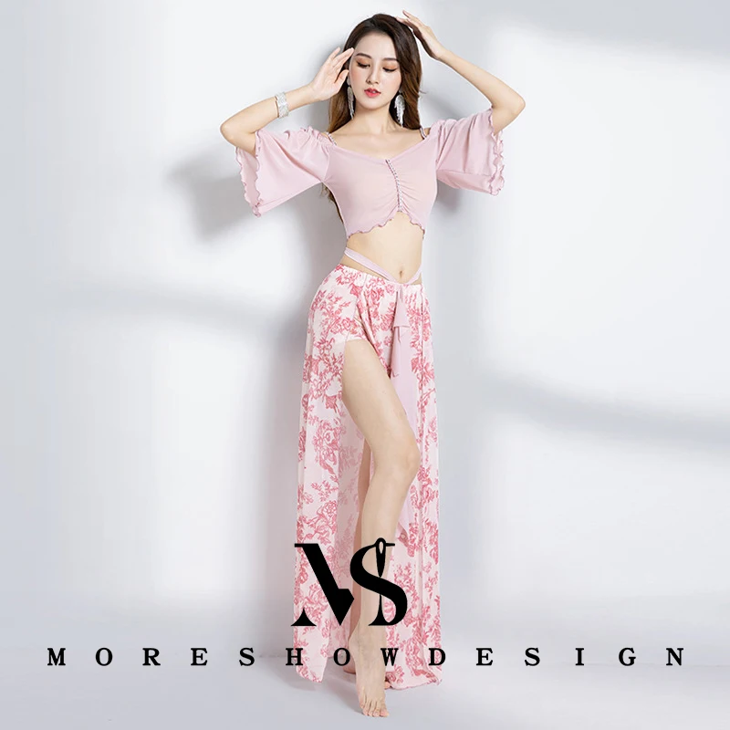 

Belly Dance Performacne Costume Set Top + Slit Skirt Short Sleeves for Women Summer Dance Wear Outfit Practice Clothes Suit