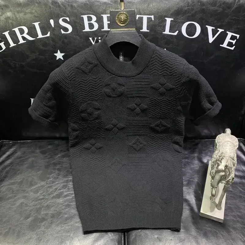 

spring summer new jacquard round neck Light luxury knitted sweater t-shirt men's fashion simple jacquard half-sleeved sweater