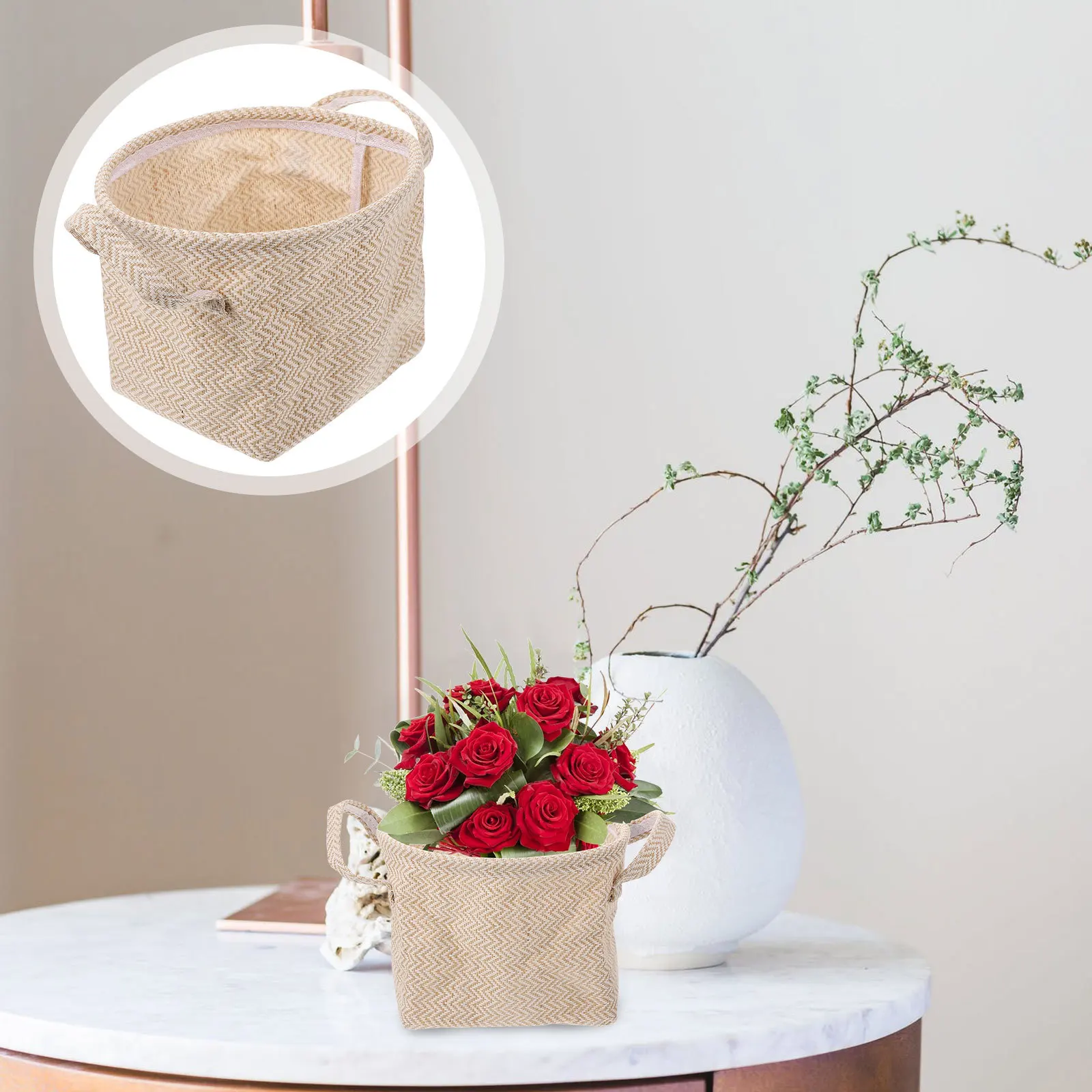 

1Pcs Woven Storage Basket Premium Linen Handmade Thick Compact Desktop Organizer Flower Pot Holder Home Storage Container