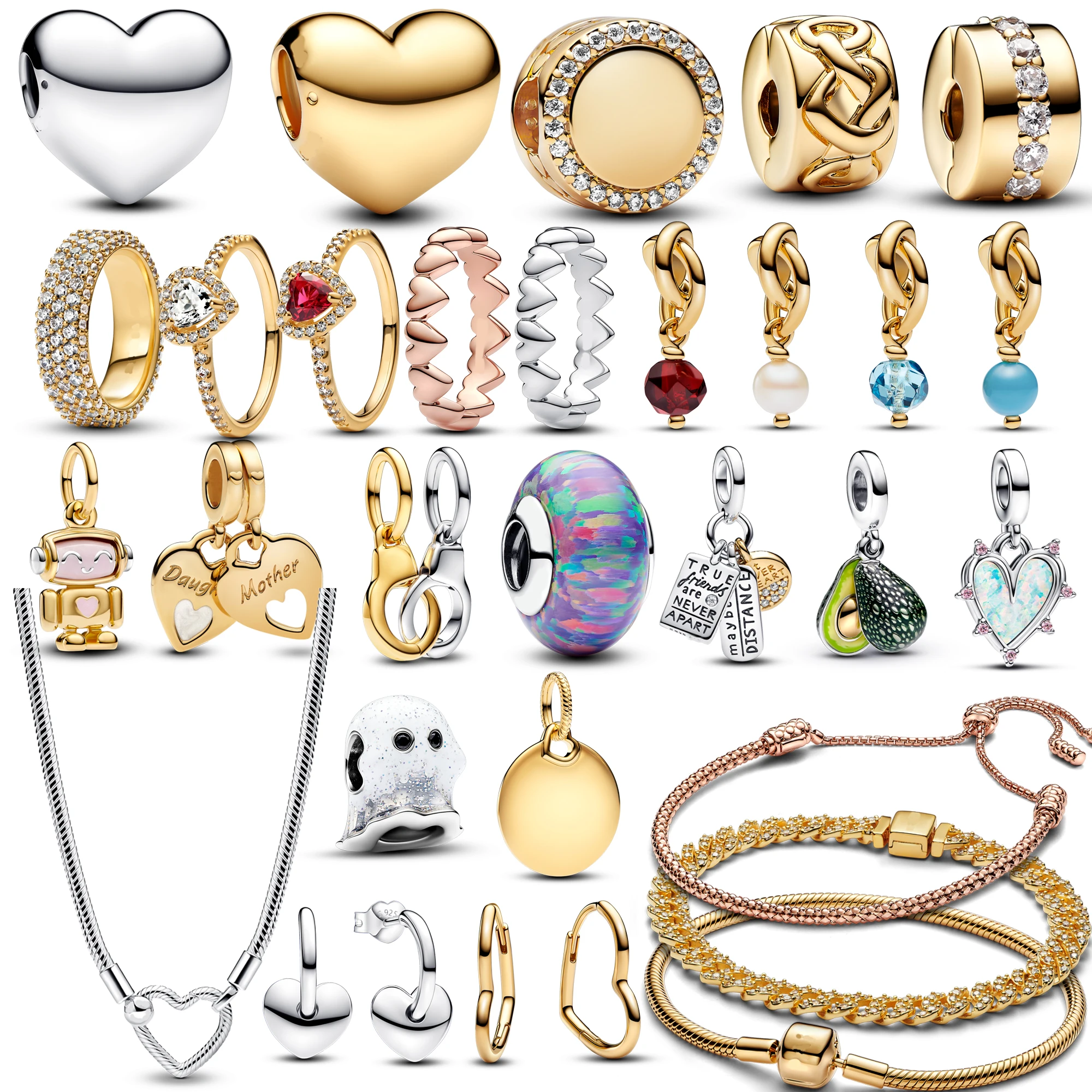 

New Avocado Double Dangle Bead 925 Silver Heart Charm Eternity Circle Pendant Fit Original Pandora Bracelet Necklace DIY Jewelry