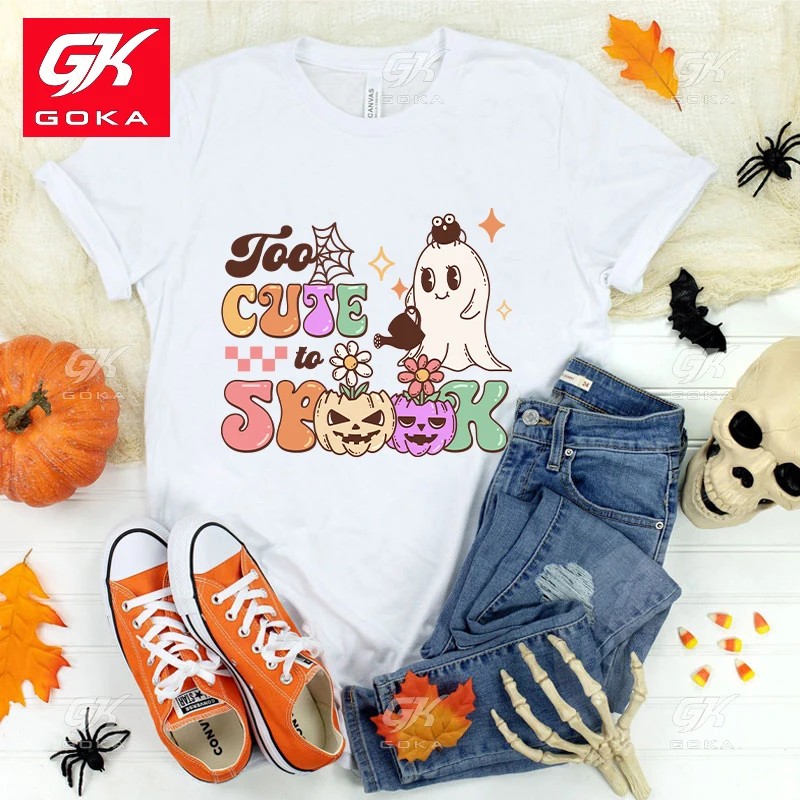 Premium Cotton T Shirt New Halloween Boo Too Cute To Spook Print T Shirts Women's Casual Cool Hip Hop Round Neck Tops Cool Tees