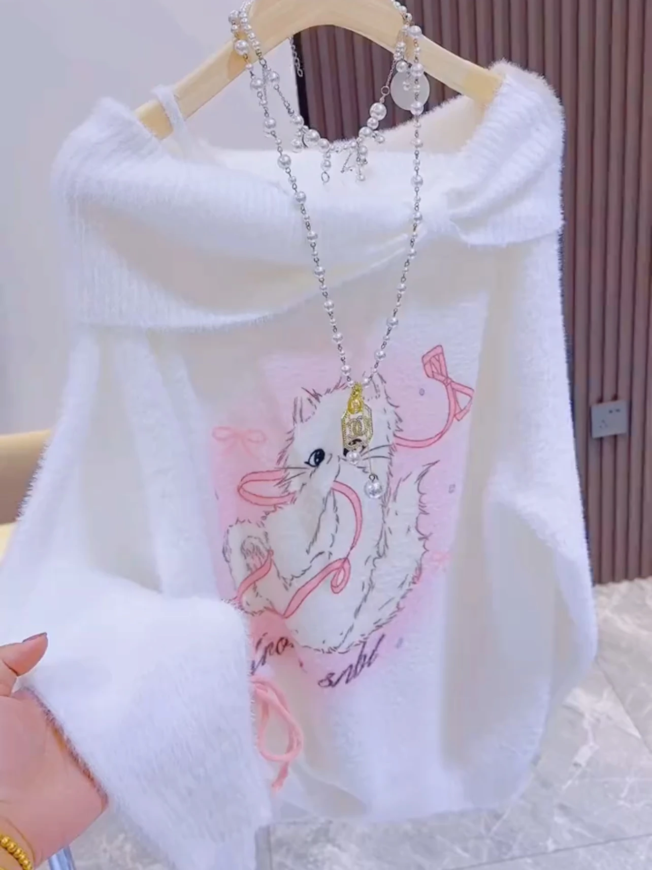 

Cute Print Off-oulder Knit Sweater Women's Mid-Length Long Sve Faionable Autumn Winter plus Size Top Commute Sle