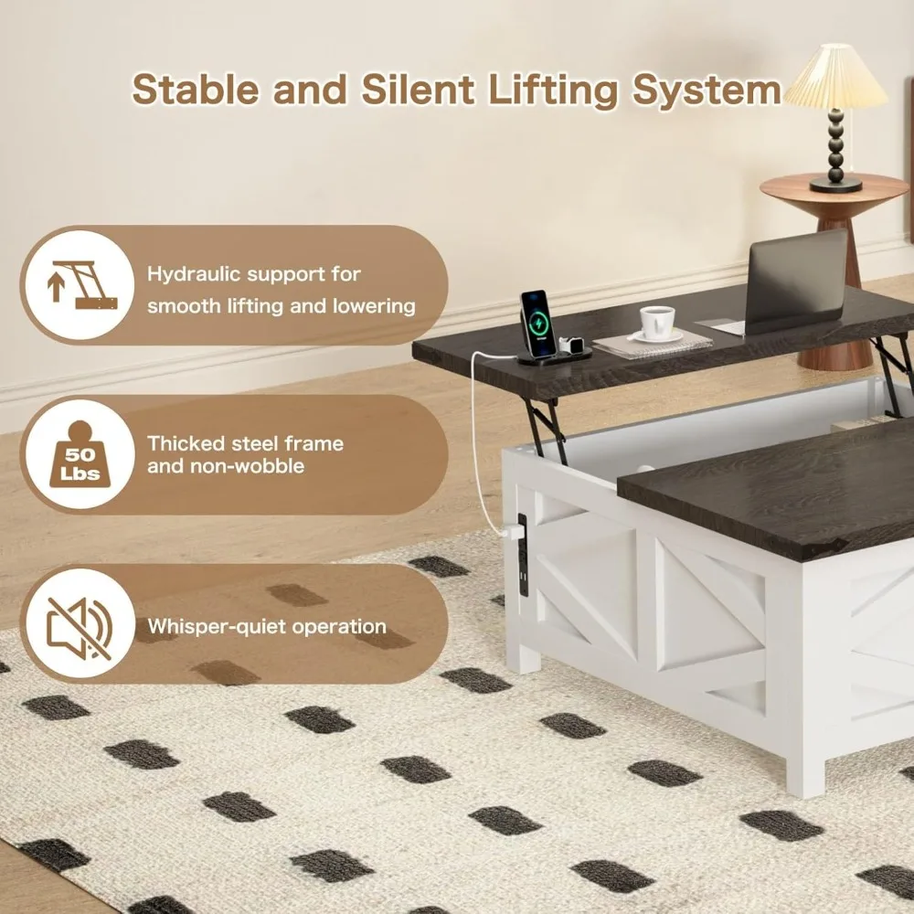 طاولة قهوة قابلة للرفع مع منافذ وشحن USB، وطاولة مركزية حديثة للمزرعة مع مساحة تخزين مخفية للشقة وغرفة المعيشة،