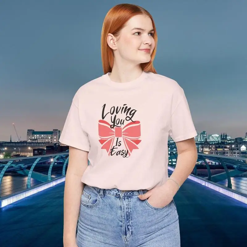 

Women's Slogan T shirt Loving You Is Easy Quote Bow Mother's Day Cute Love Coquette Style Top