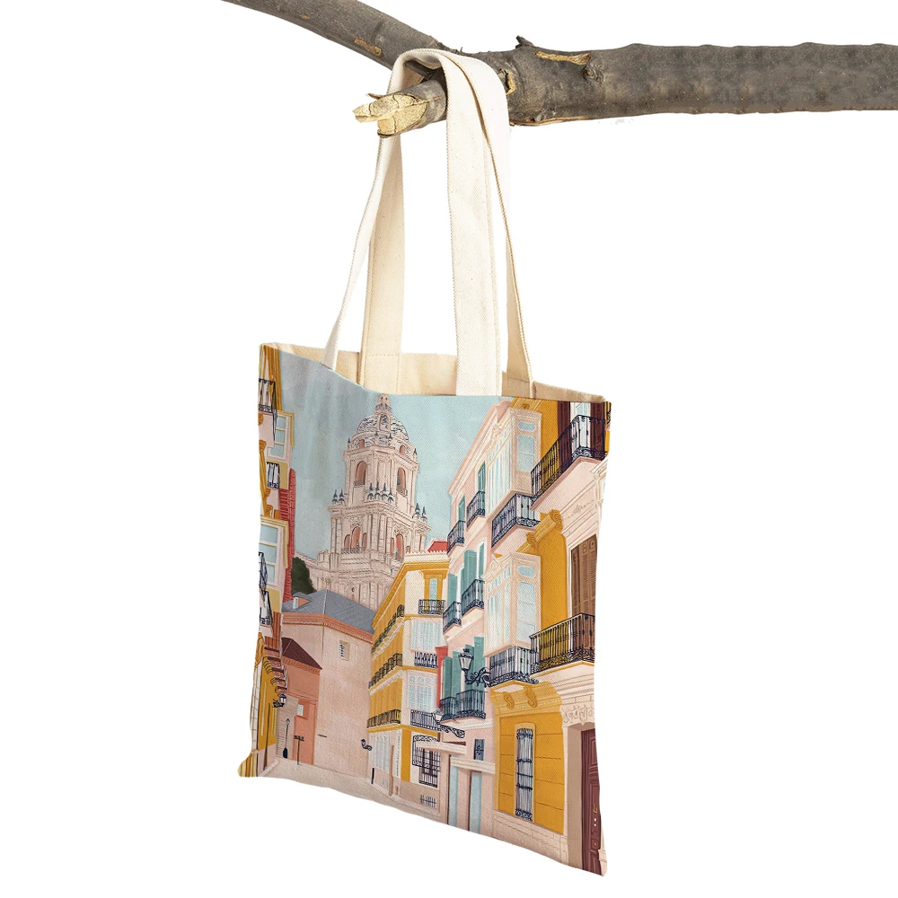 Barcelona Paris Morocco Berlin New York Shoulder Shopper Bag Women Shopping Bags Double Print Casual Lady Canvas Tote Handbags