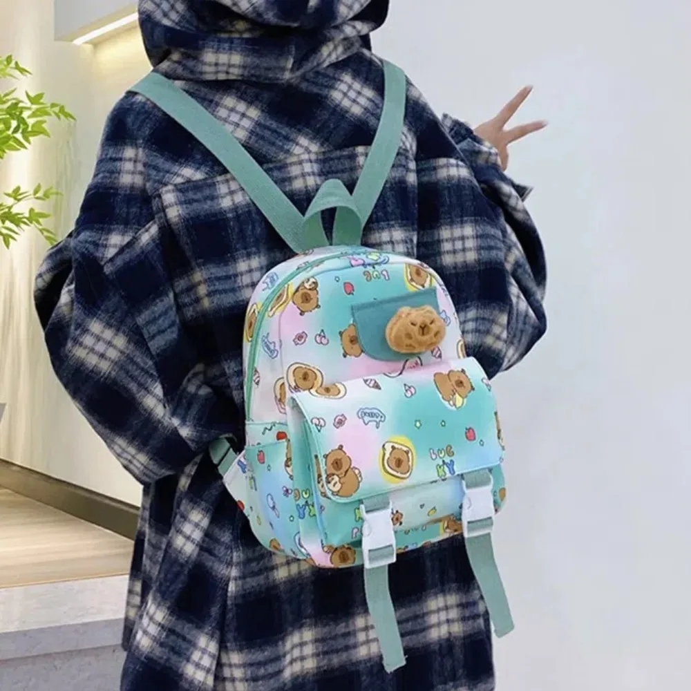 Cute Thickened Capybara Backpack Nylon Lightweight Large Capacity School Bag Foldable Wide Straps Cartoon Animal Daypack Friends