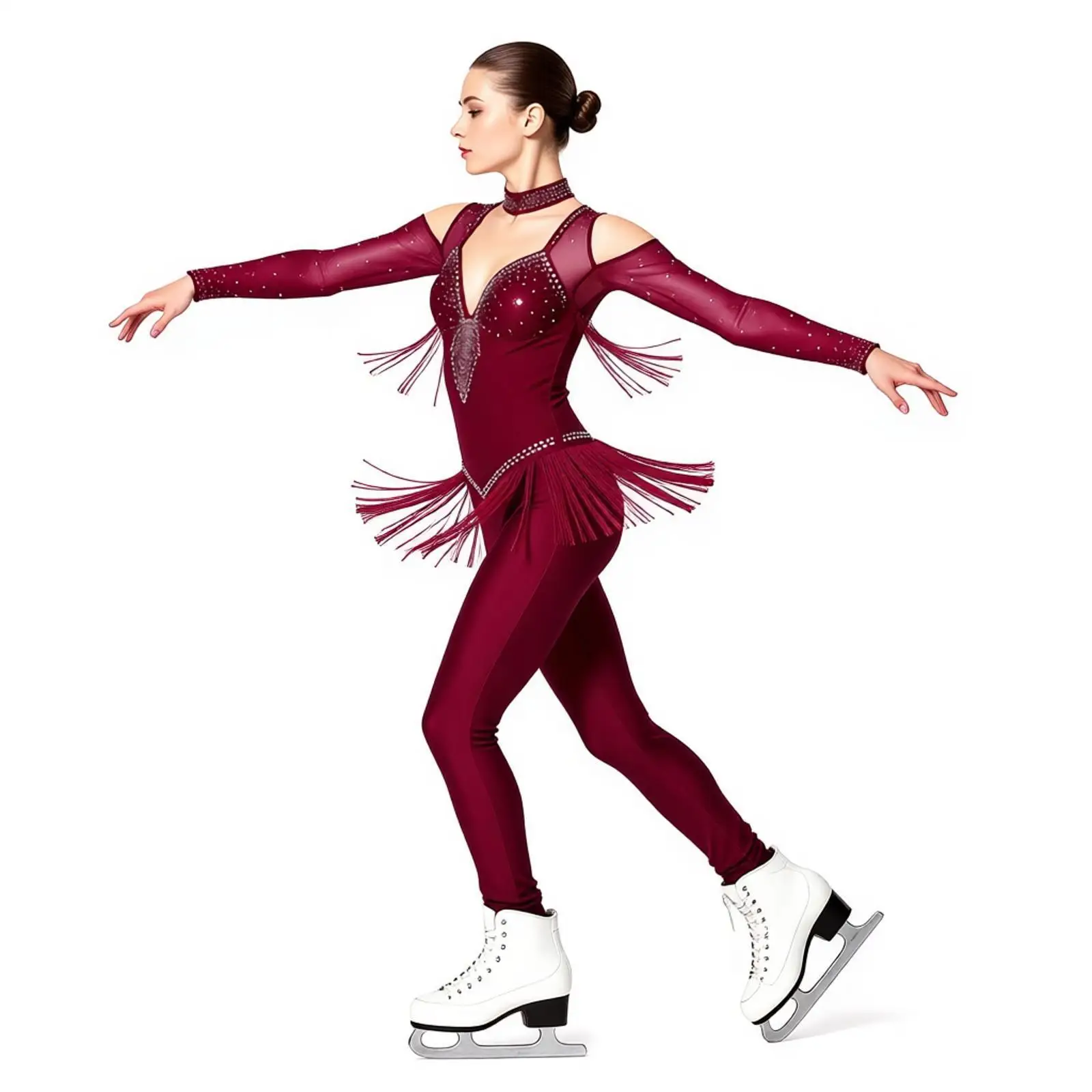 

Womens Tassel Latin Dance Leotard Jumpsuit Long Sleeve Mesh Rhinestones Leggings Ballroom Jazz Cha-Cha Tango Samba Dancewear