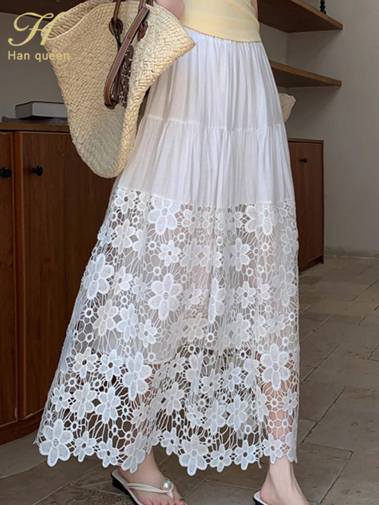 

H Han Queen Woman Clothes Long Hook Flower Hollow Out High Waist Skirt Women Simple Office Elastic Waist A-line Loose Skirts