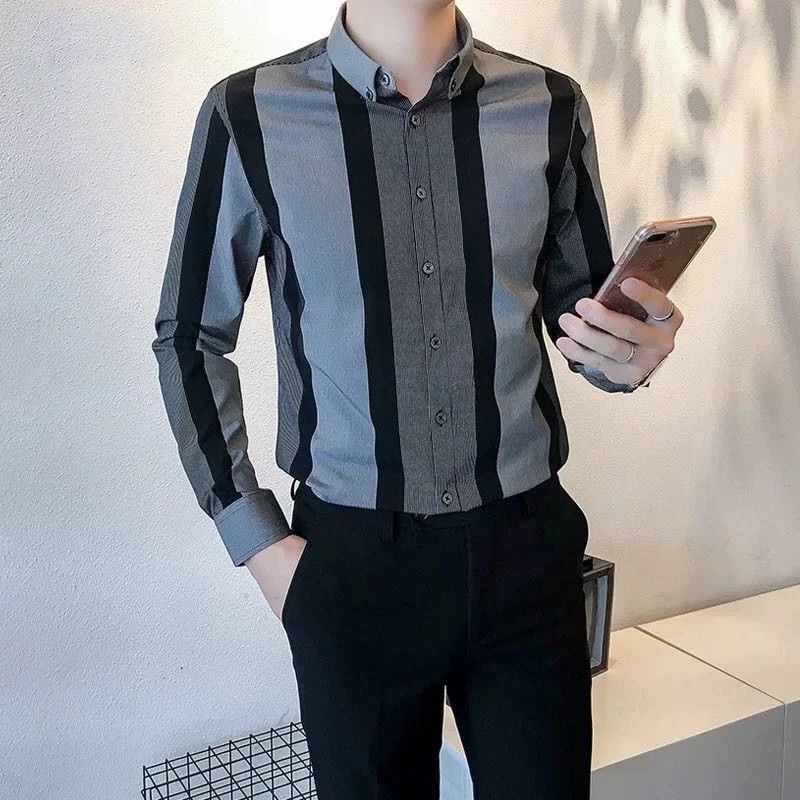 Men's Long Sleeve Striped Contrast Blouse Spring Autumn New Polo Neck Slim Trend Shirt Tops Smart Casual Fashion Men Clothing