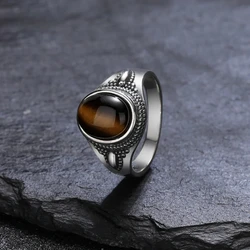 Retro Ring 8x10MM Oval Tiger's Eye Stone Rhodochrosite Silver Plated Ring for Men Women Gift Party Jewelry Wholesale