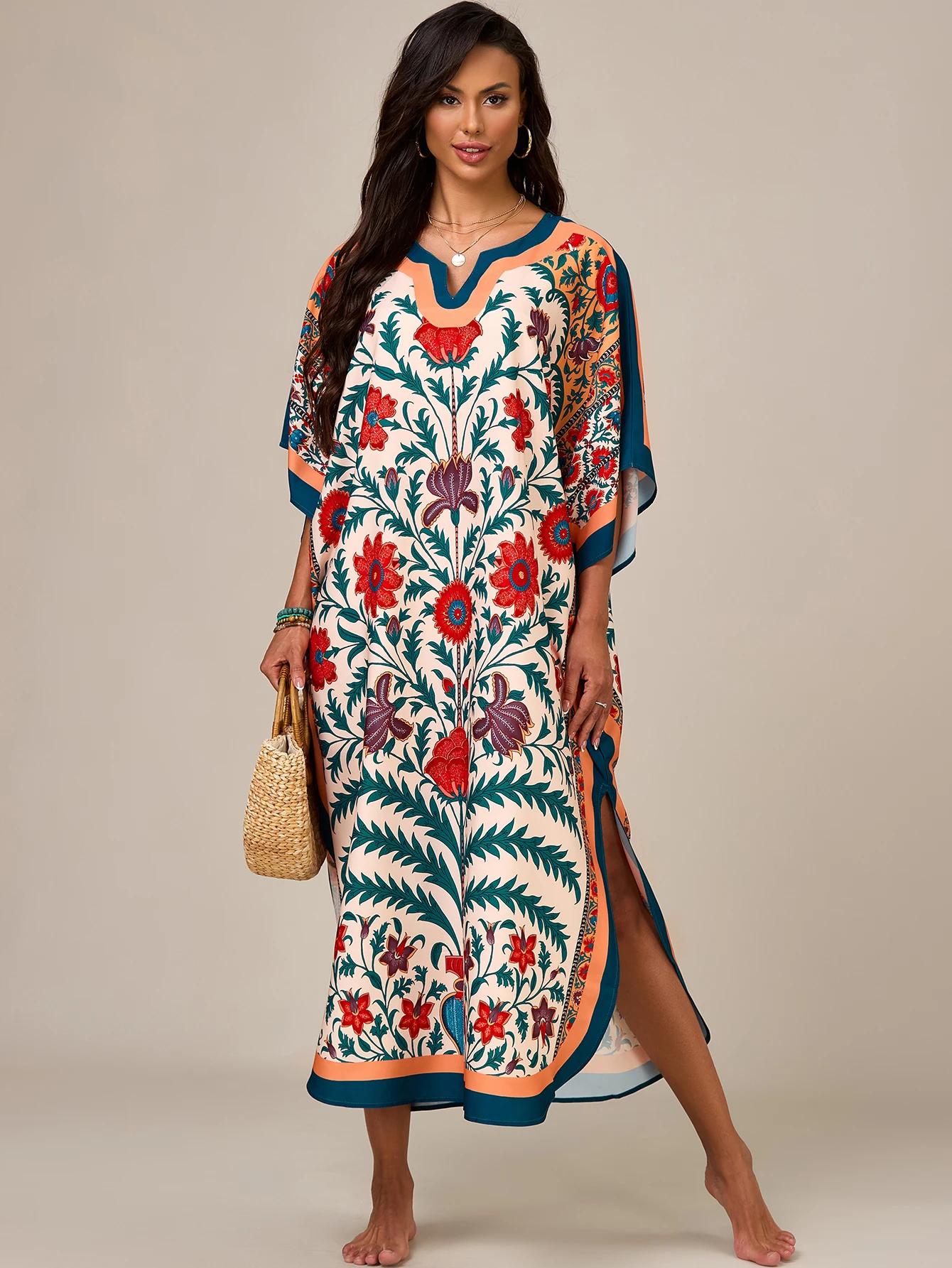 Cover Up Kaftan - Женский кафтан с цветочным принтом, V-образным