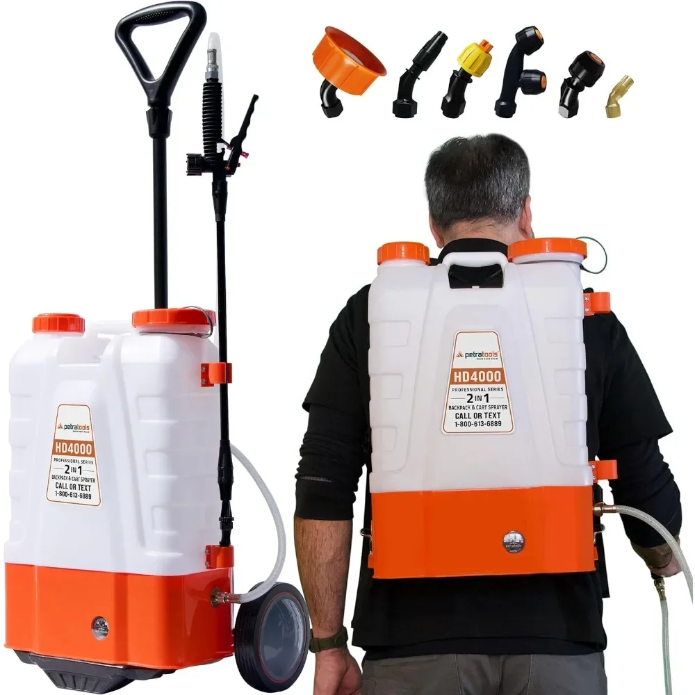 4 Gallon Battery Powered Backpack Sprayer with Cart - Wheeled Cart Sprayer - HD Wand, Wide Mouth Lid, Multiple Nozzles