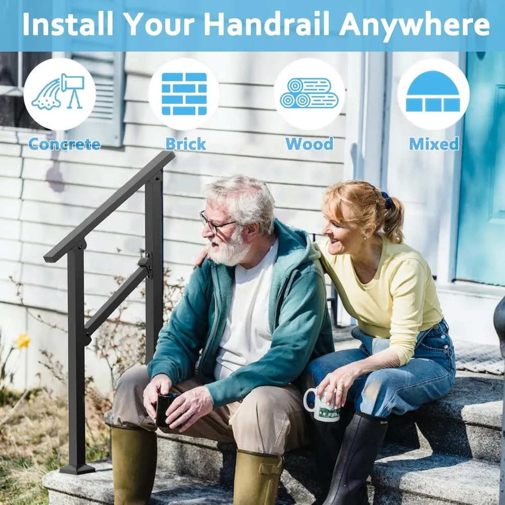 Adjustable Outdoor Metal Stair Handrails for Concrete Steps, Porch, Easy Installation, 2-Step, Durable Exterior Railing