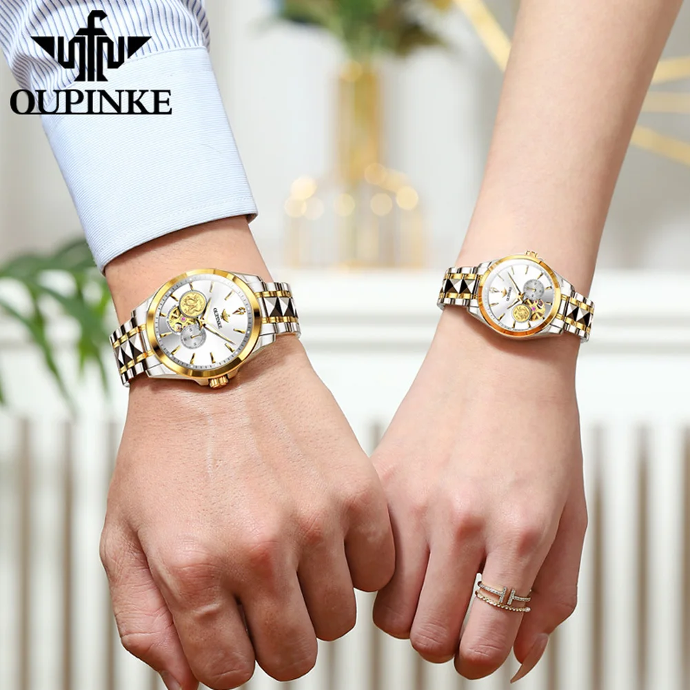 OUPINKE Skeleton Couple Watch Classic Automatic Mechanical WristWatch Gift For Women Waterproof Tungsten Steel Strap 3260