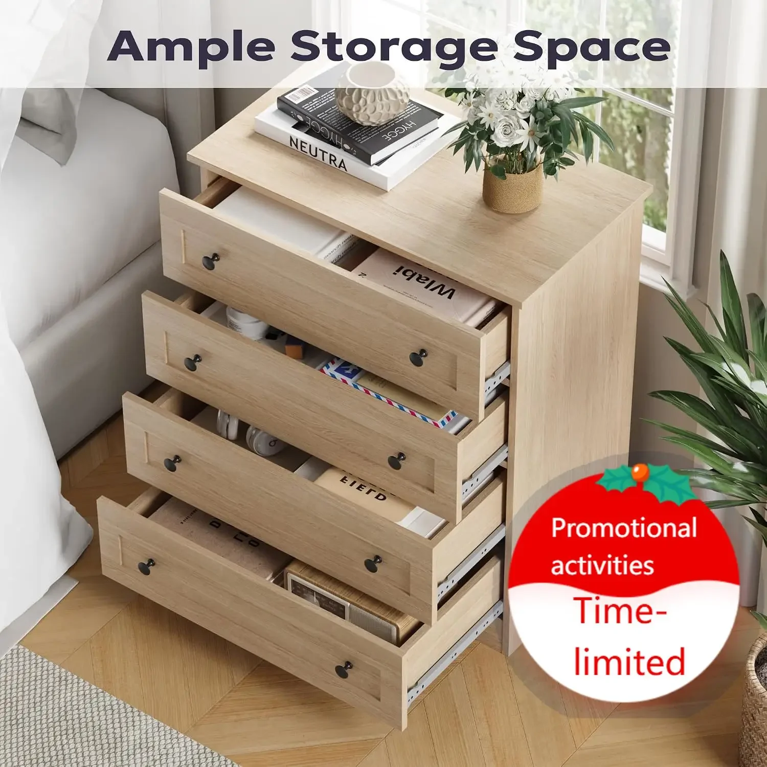 4 Drawer Dresser for Bedroom, FarmhouseChest Cabinet, Natural | Modern Storage Chest of Drawers, Farmhouse Storage Cabinet Organ