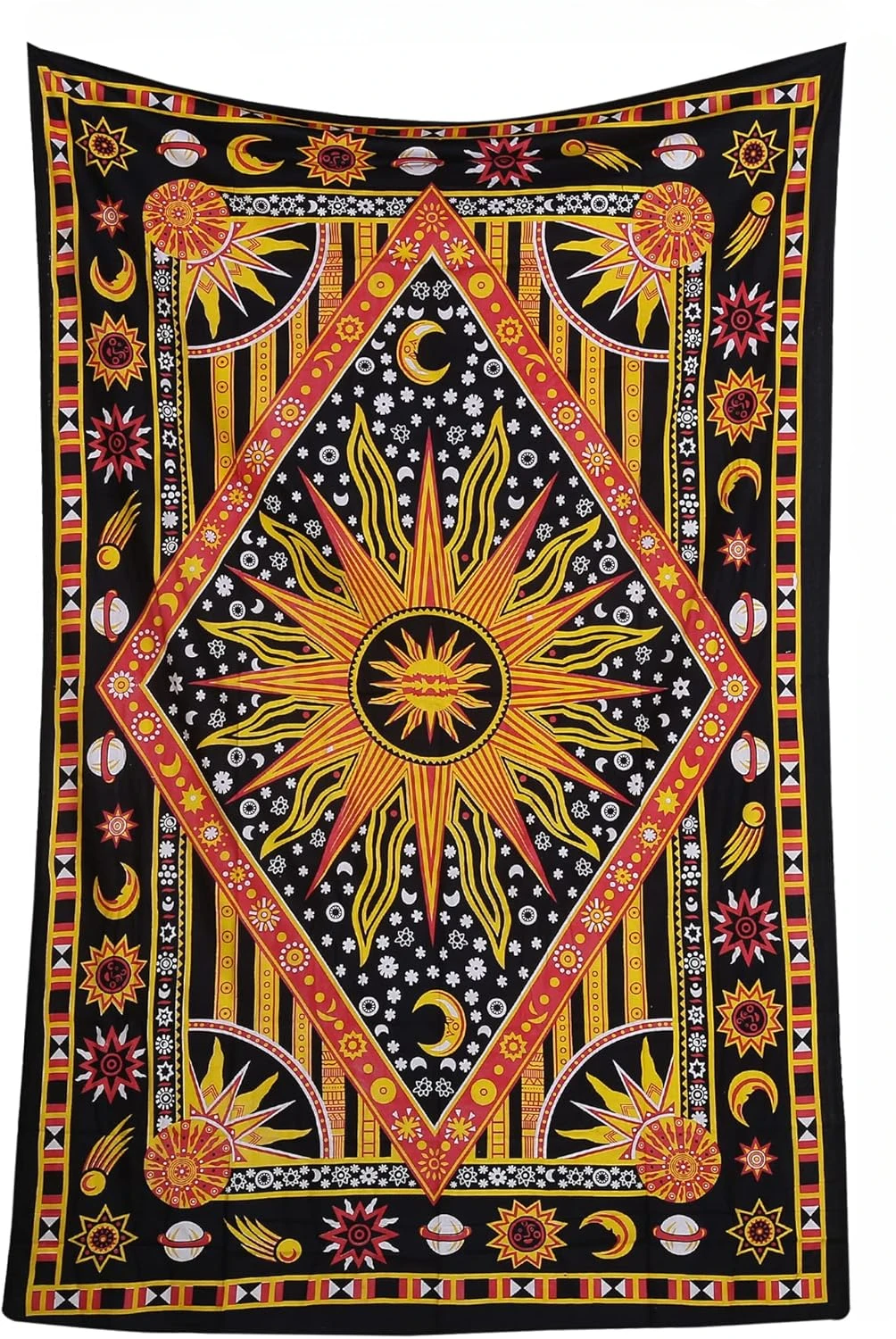 Burning Sun Cotton Tapestry for Bedroom Celestial Moon Star Planet Bohemian Hippie Cool Wall Tapestries for Living Room Decor