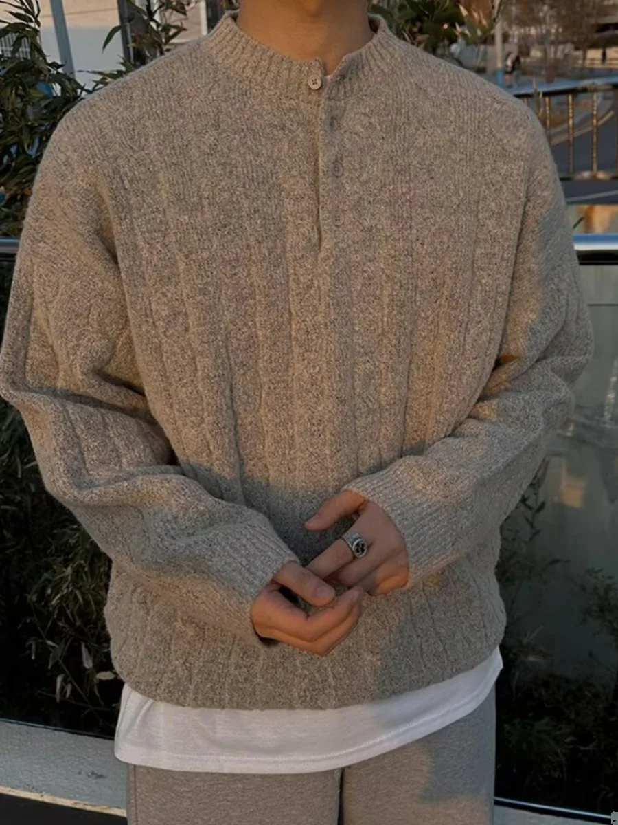 Laid-back Twist Rope Knitwear Men's High-End Feeling Henry Collar Slim-fit Sweatshirt Half Button Line Shirt Henry Shirt Trend