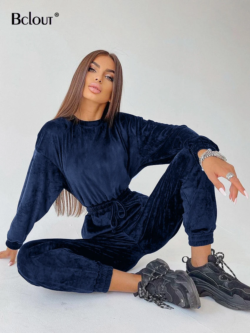 

Bclout Elegant Blue Velvet Jumpsuits Women 2024 Fashion O-Neck Long Sleeve Pencil Pants Bodysuit Casual Solid Lace-Up Overalls