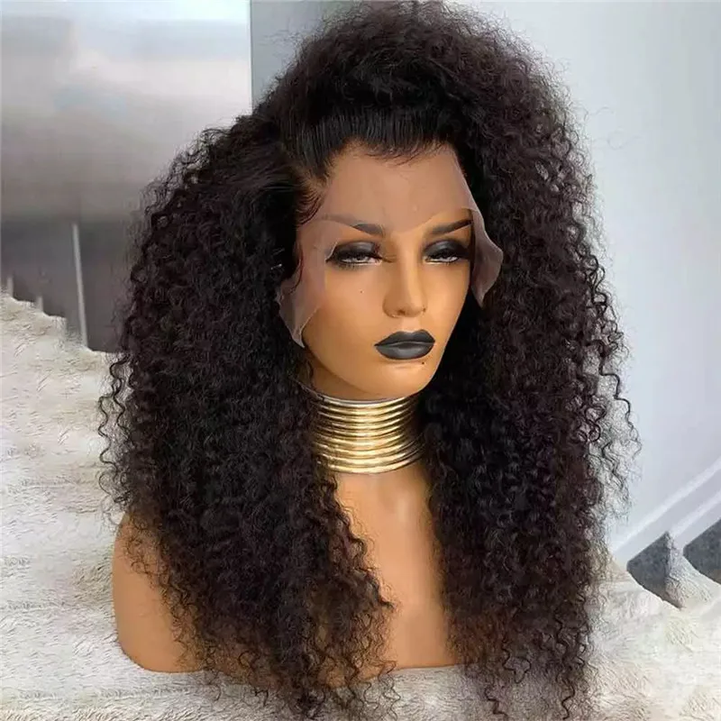 Preto sem cola macio longo 26 polegada 180 densidade kinky encaracolado perucas dianteiras do laço para mulheres babyhair pré-selecionado diariamente sintético