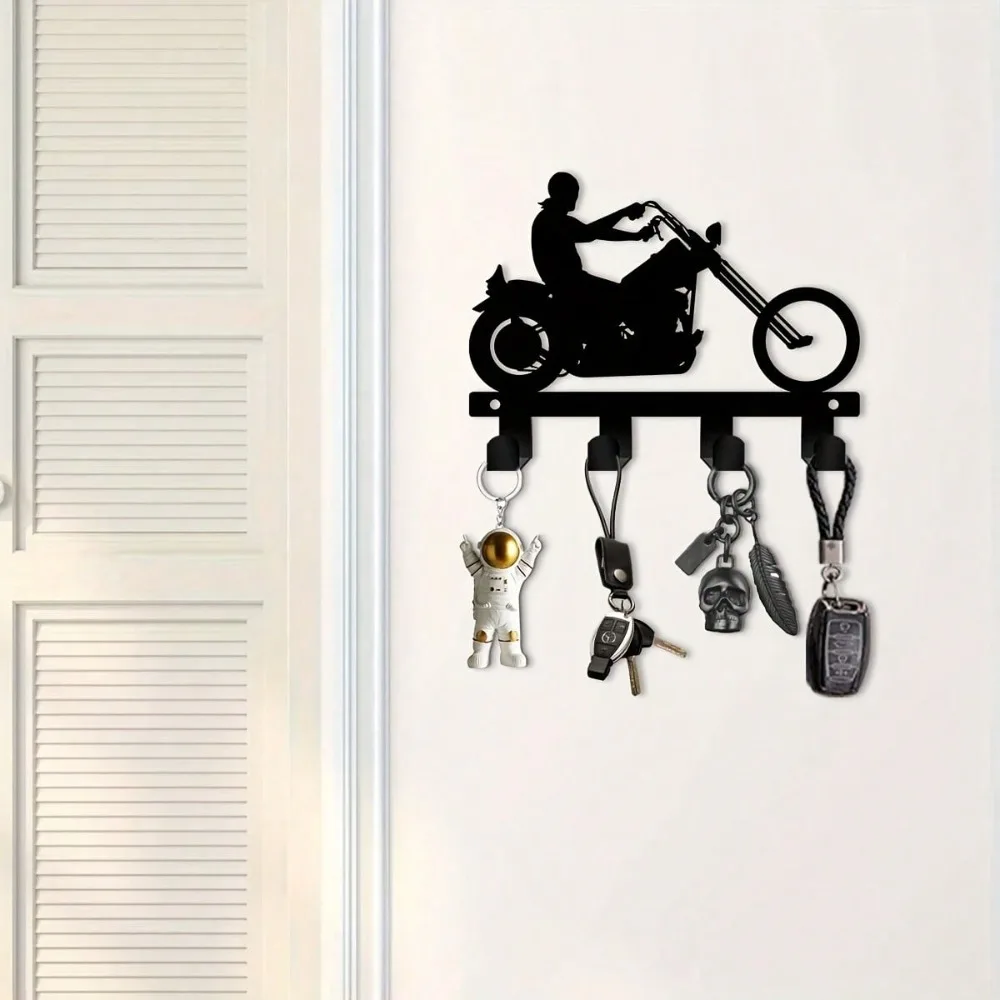 Motorcycle Wall Key Holder with Helmet Hook - Black Metal Moto Garage Decor, Space-Saving 5.9in, Entryway & Man Cave Organizer