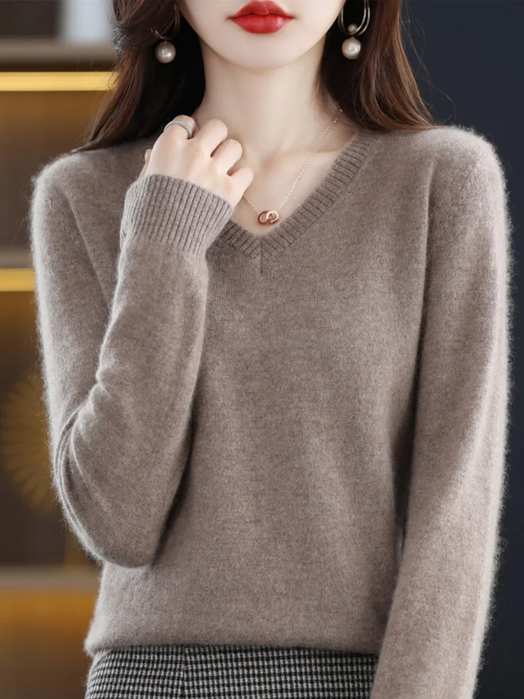 

Женский вязаный шерстяной свитер Ele с V-образным вырезом и длинными рукавами, свободного кроя, универсальный базовый слой, новинка весны