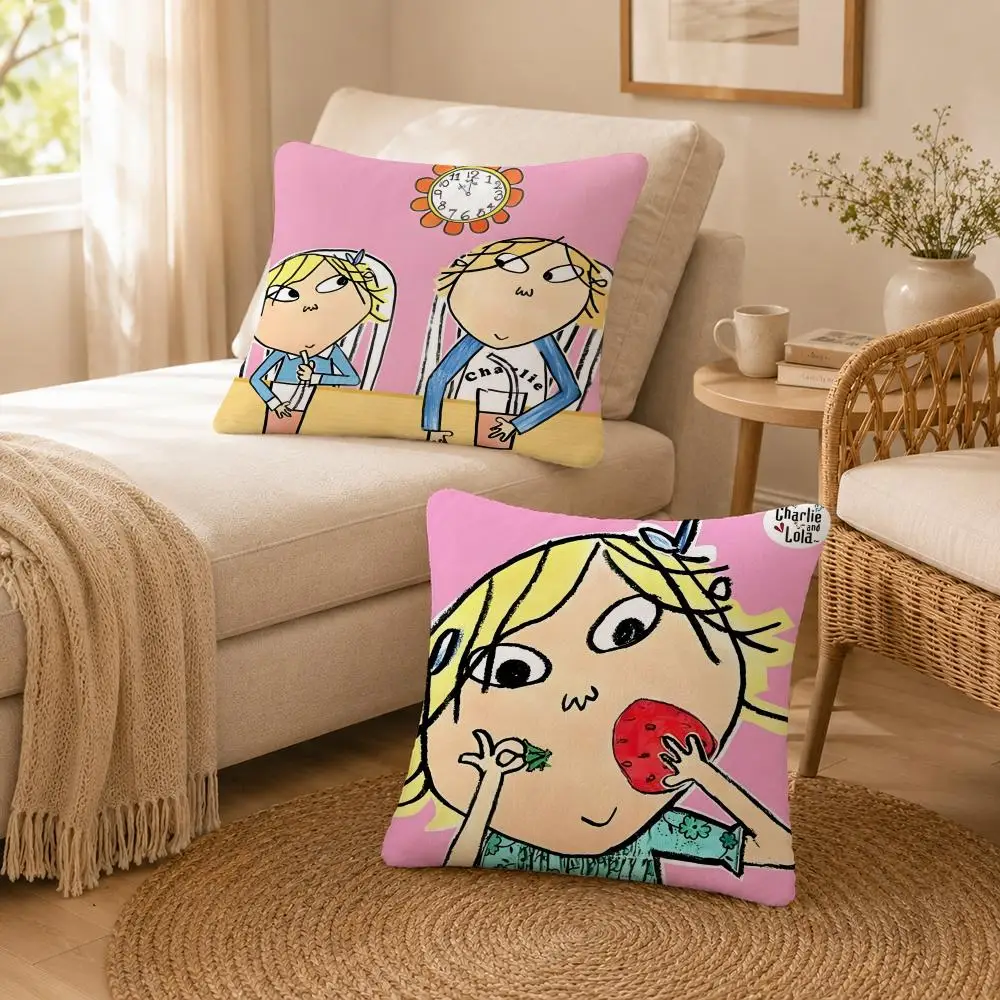 Cartoon Kids Charlie and Lola Cushion Cover Soft Throw Pillow Cover Washable Plush Cushion Case for Sofa Bed Living Room