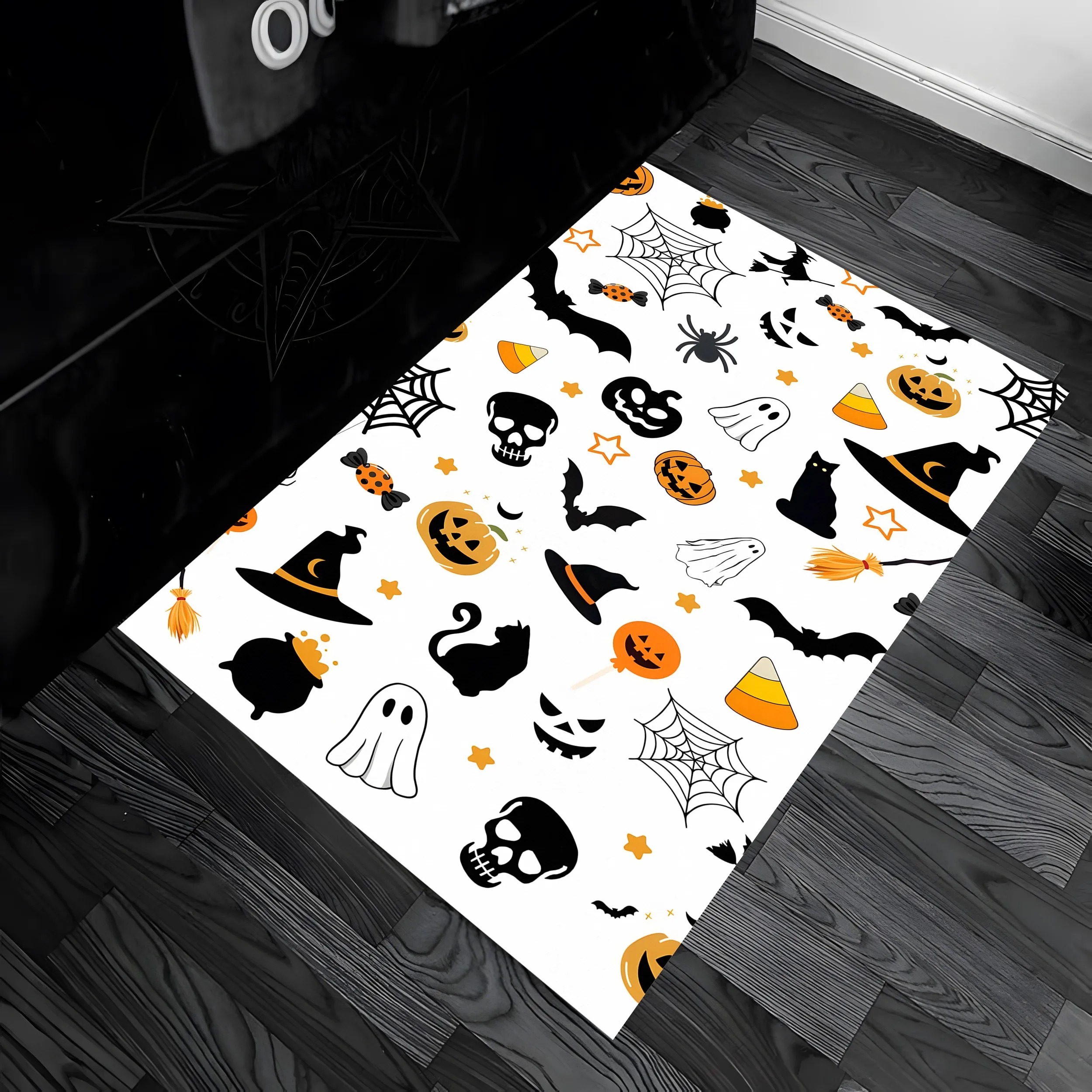 Velvet Halloween Pumpkin, Ghost, and Bat Elements Fun Cartoon 2D Carpet Suitable for Living Room, Bedroom, and Parties, Creating a Halloween Atmosphere
