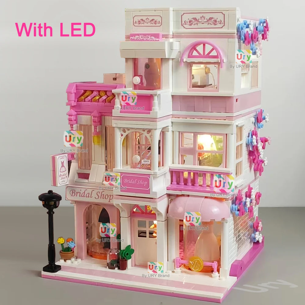 Mini ville rue vue amis maison rose robe de mariée boutique Villa modulaire avec lumière MOC Architecture bloc de construction ensemble pour enfant