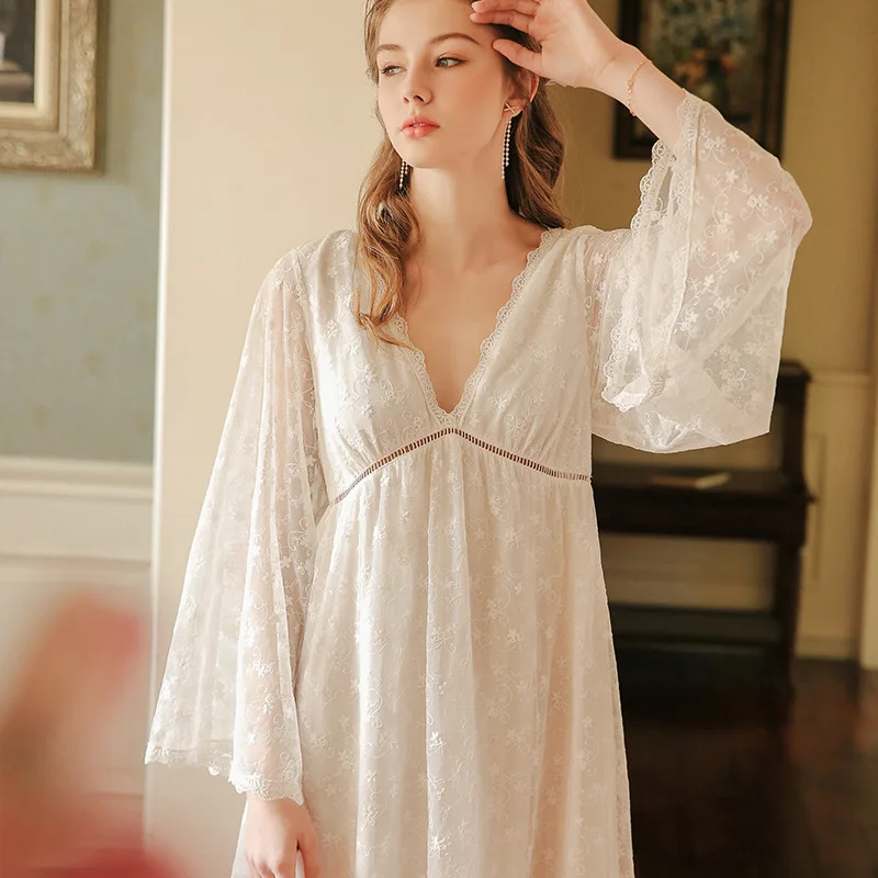 Women Sexy V-neck Embroidery Gauze Nightgowns Spring Full Flare Sleeves White Long Modal Night Dresses French Loose Home Dresses