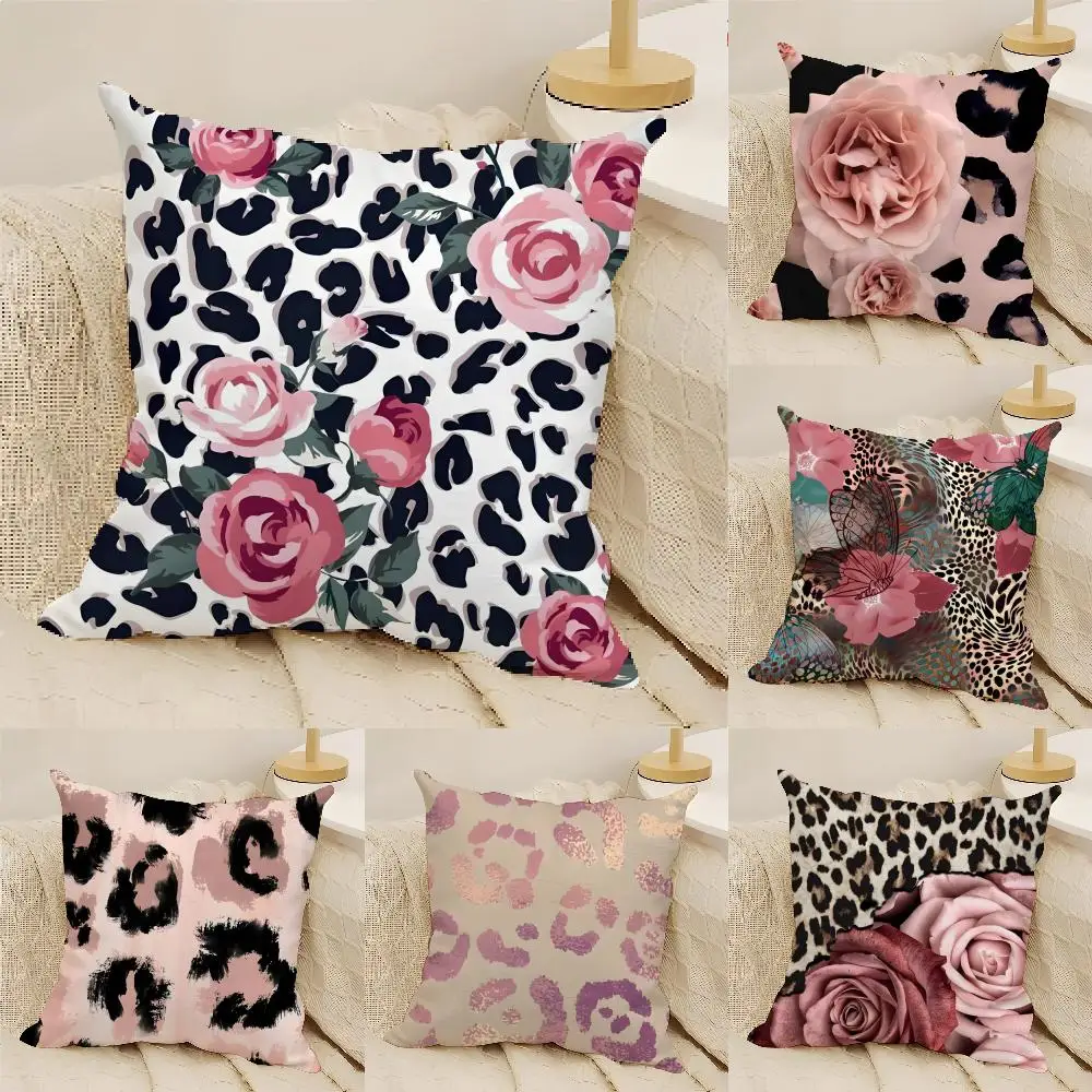 Leopard Print Pink Rose Cushion Cover Natural Linen Organic Fabric Double-Sided Printing Sofa Home Decor Gift Pillow Cover