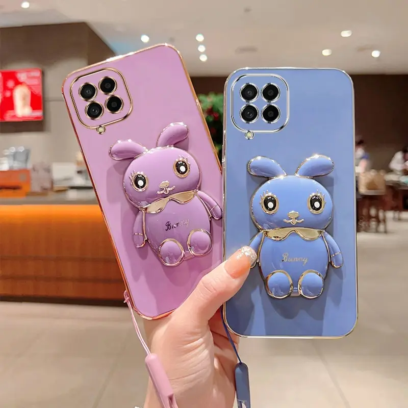 Phone Case for Samsung Galaxy F13 F14 F23 F62 M13 M14 M23 M32 M33 M40S M51 M53 M54 M62  Plating Square Rabbit Holder Case Cover