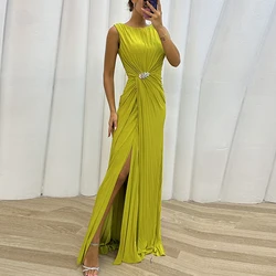 2023 Women Sleeveless Fashion Maxi Dress Female O-Neck Slim Evening Dress Vestido New Skinny Stitching Pleated Slit Casual Dress