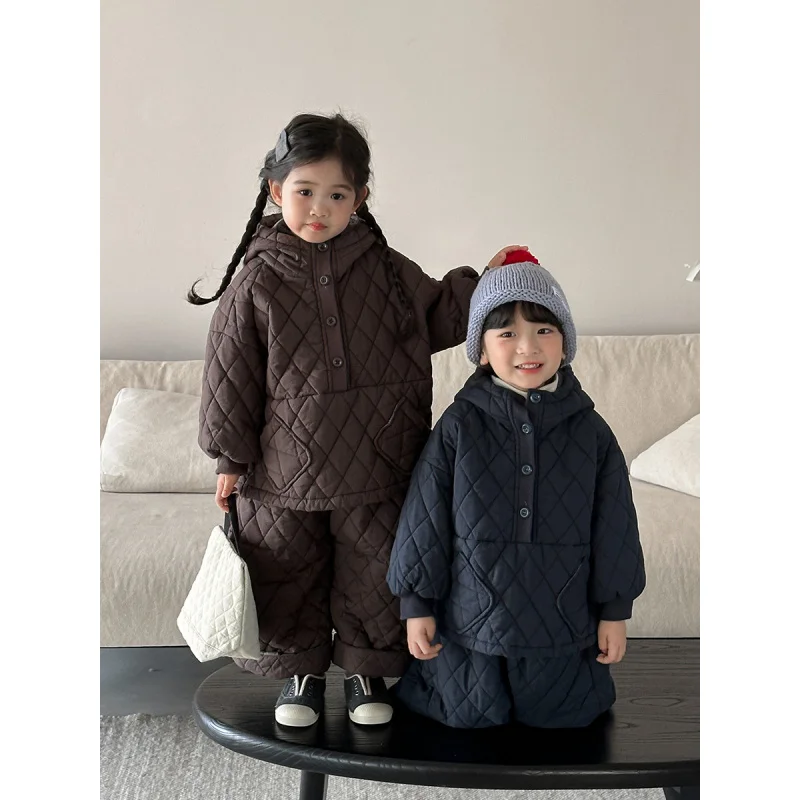 

Jiaye Children's Products2025Children's Winter Quilted Cotton Hooded Sweatshirt Boys and Girls Thickened Wide-Leg Pants Two-Piec