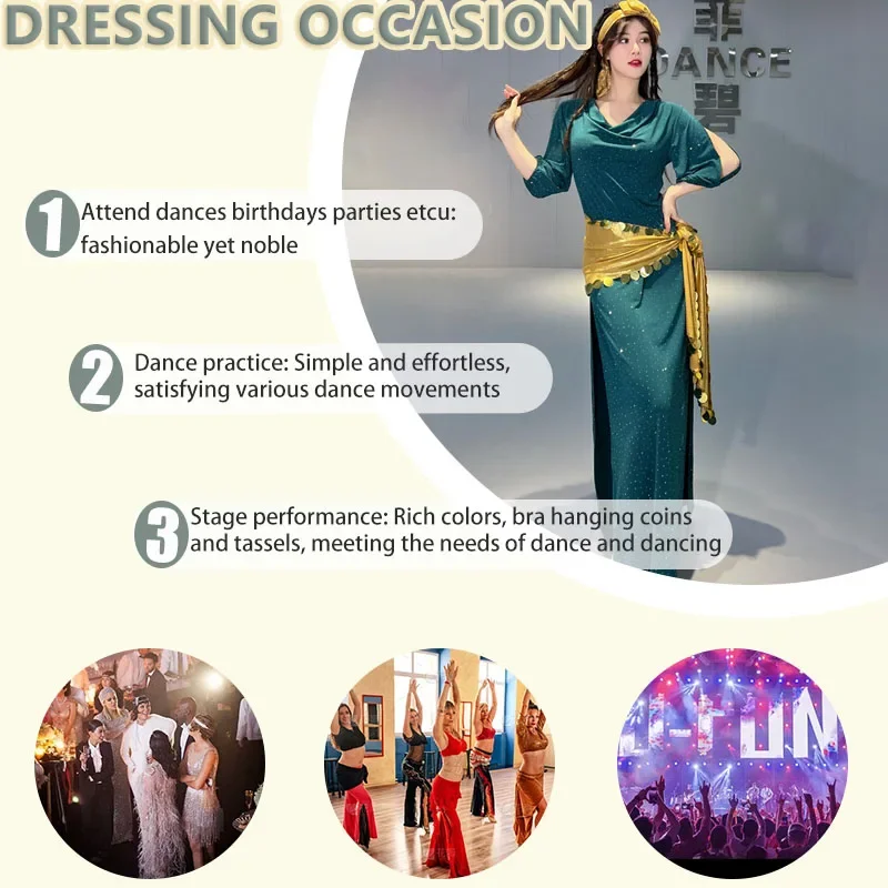 Buikdanskostuum Vrouwelijke Volwassen Sexy Mode Glitter Jurk + Hoofddoek + Taille Sjaal 3PC Set Halloween Prestaties Exotisch kostuum