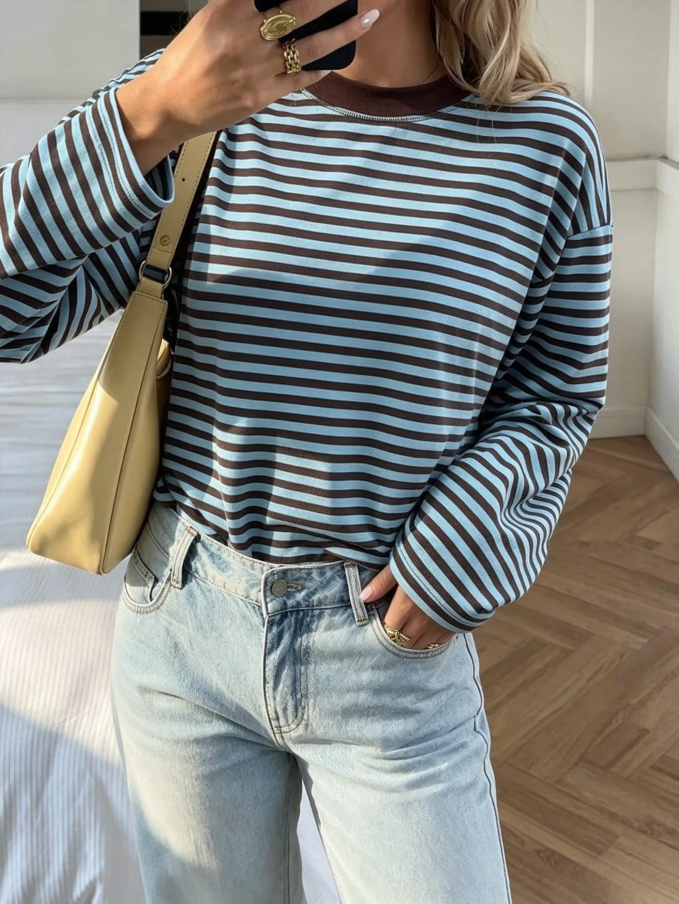 Y2K New Spring and Autumn Round Neck Women's Striped Long-sleeved T-shirt Streetwear Vintage Loose Casual Retro Women's Top