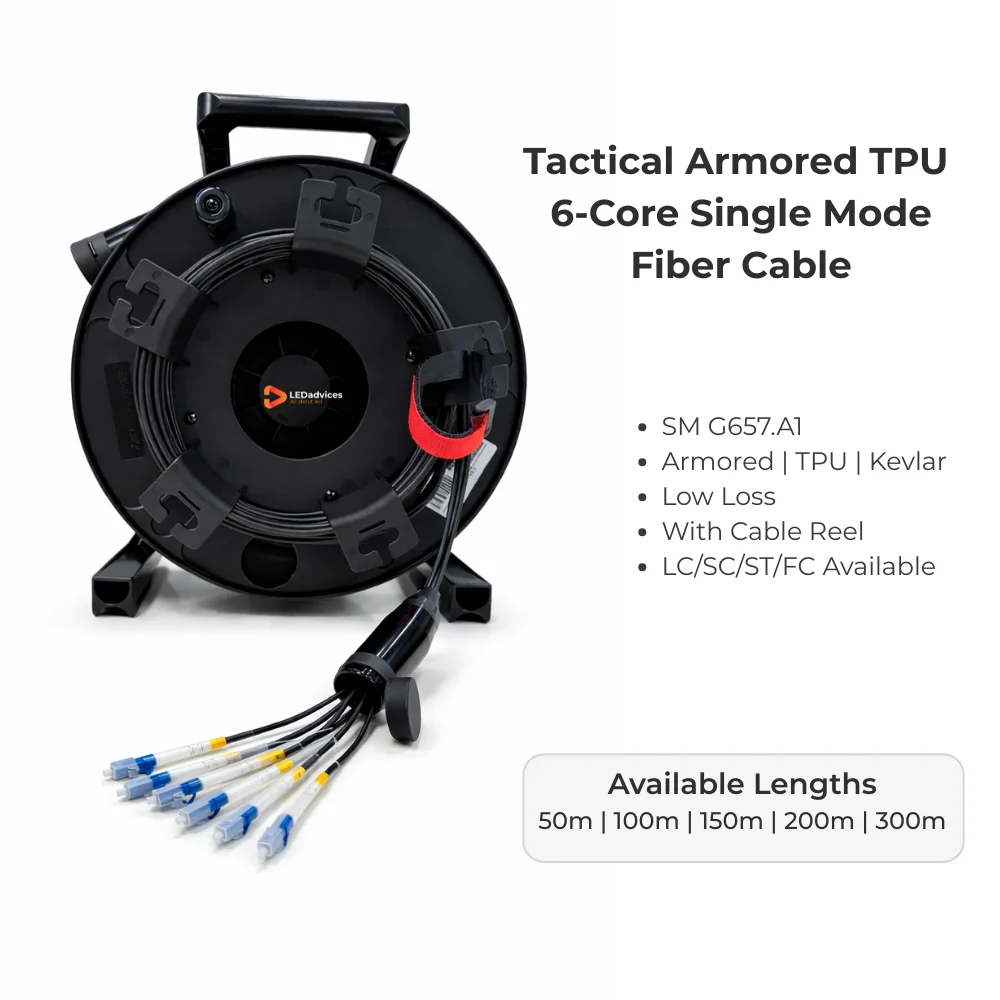 

6-Core Single-Mode 100m Armored Tactical Fiber Optic Cable LC-LC TPU G657A1 SM 5.0mm For Outdoor Rental Event LED Display