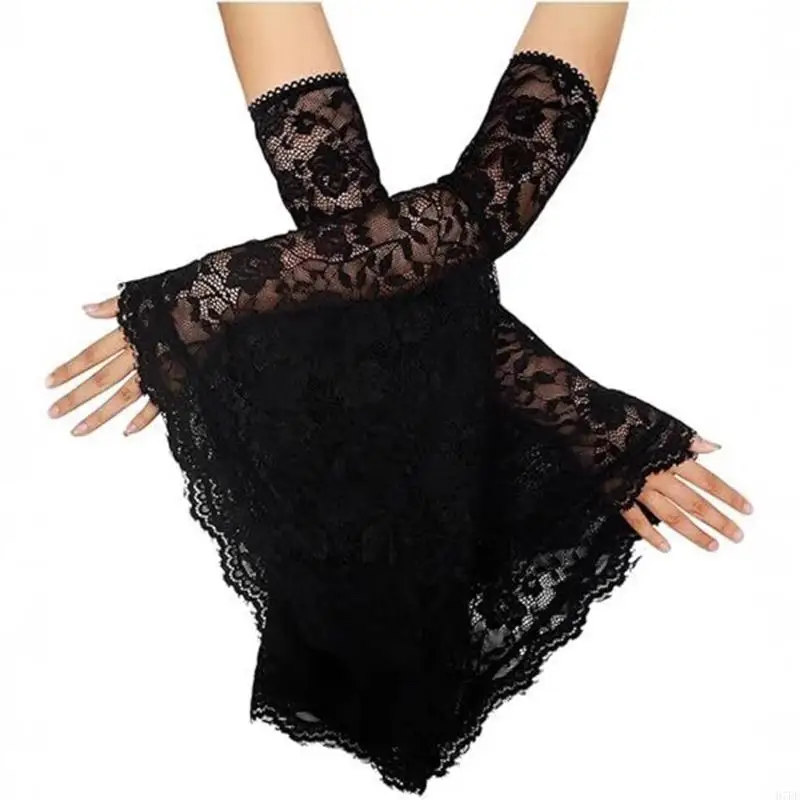 Gothic Lace Sleeves Witch Gloves Elegant Costume Airbwear dengan Sware Cuffs for Tema Pesta dan Halloween Dressing H7EF