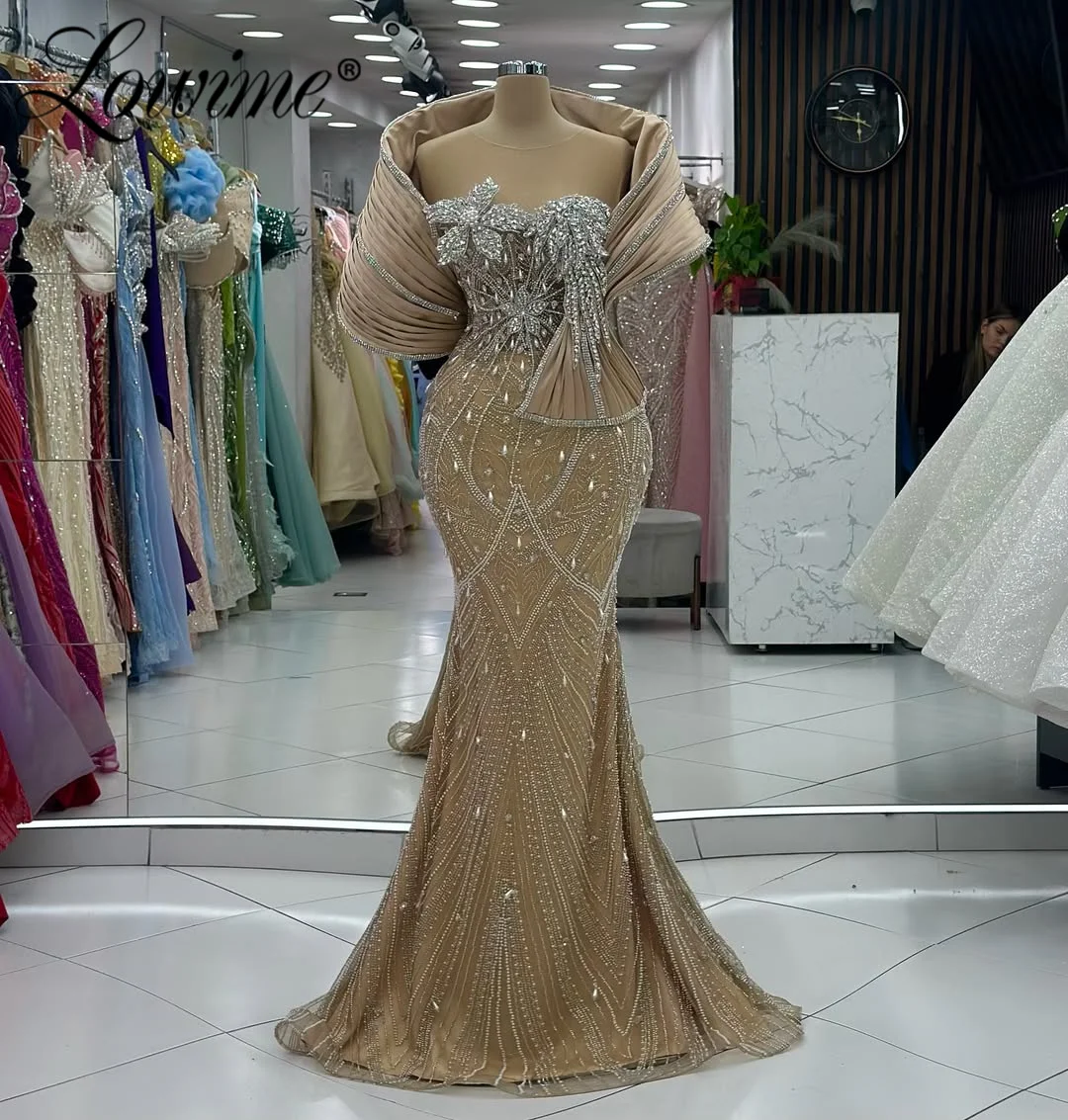 

Индивидуальное вечернее платье 2026 года темно-шампань цвета, в арабском стиле, с открытыми плечами, фасон «русалка», для выпускного вечера, с камнями и жемчугом, для торжественных мероприятий